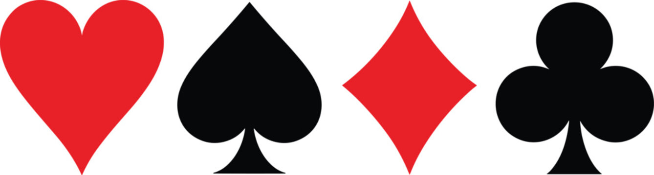 Playing card suits vector icons set featuring red heart and diamond with black spade and club symbols on white background