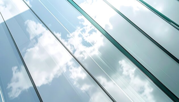 A close-up of a glass building reflecting clouds