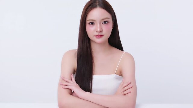 Beautiful young Asian woman with K beauty style makeup and perfect skin. Facial and skin care concept for commercial advertising.