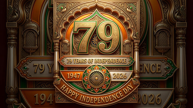 Intricate emblem celebrating 79 years of independence with ornate design and detailed craftsmanship