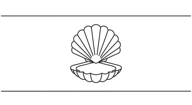 Open Seashell with Pearl Inside, Line Art Illustration