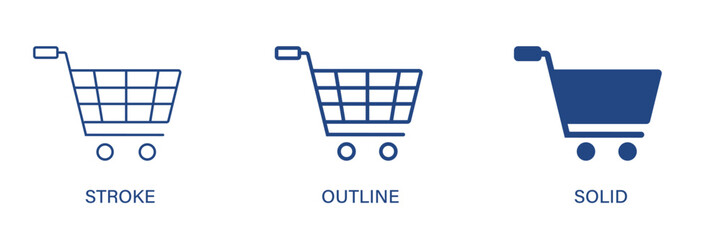 Shopping cart icon with editable stroke, outline and solid styles. Shopping cart, trolley, basket  icons. Vector icon illustration. © Puspa