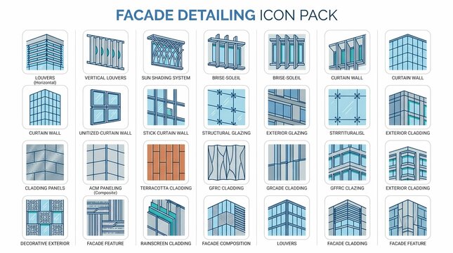 Facade Detailing Icon Pack with Louvers Curtain Walls Cladding and Architectural Glazing Systems