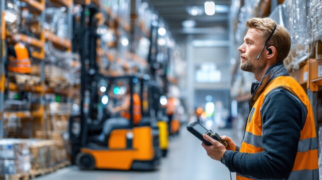 ultra-realistic photo of a modern warehouse during active work. A warehouse employee stands between tall shelving racks, focused on scanning goods with a rugged handheld data collection terminal (indu