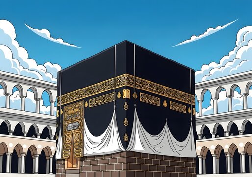 Pixel art illustration of the kaaba in mecca with mosque architecture, pixelart