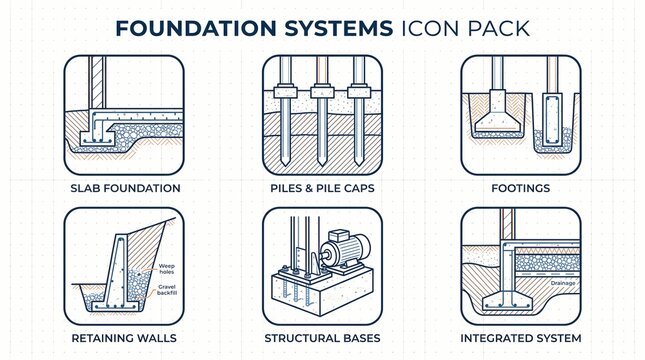 Foundation Systems Icon Pack with Slab Foundations Footings Piles and Retaining Wall Engineering Icons