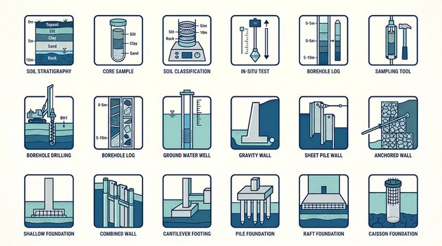 Geotechnical Engineering Investigation and Foundation Construction Icon Pack