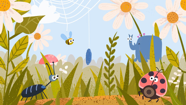 Bug community illustration with flowers grass and insect characters