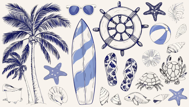 Nautical Illustration Set With Palm Trees Surfboard And Marine Life