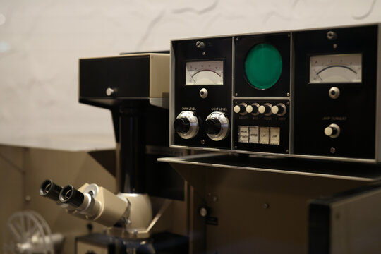 Vintage Scientific Electron Microscope with Analog Control Panel and Dials