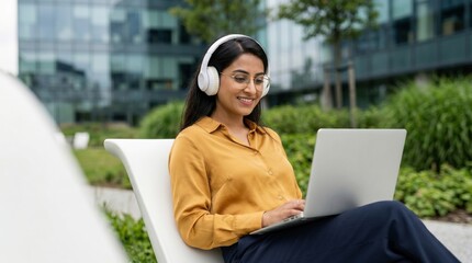 Naklejka premium Young Indian woman enjoying music while working on laptop outdoors.