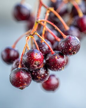 Fresh Chokecherry Clusters with Water Droplets on a Branch