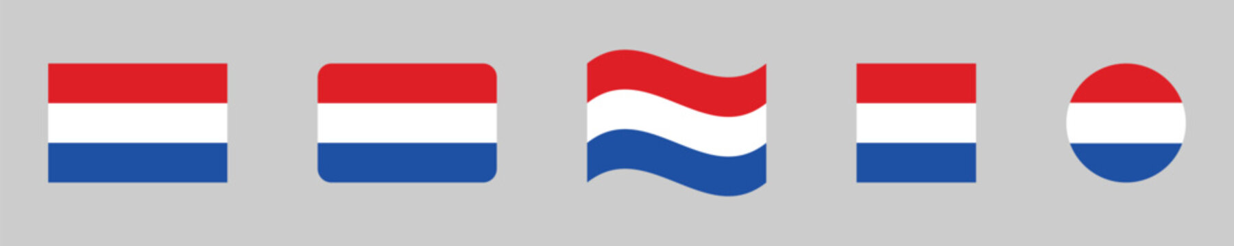 Netherlands national flag shape collection featuring horizontal red white and blue stripes in flat rectangle rounded wavy square and circle vector design.