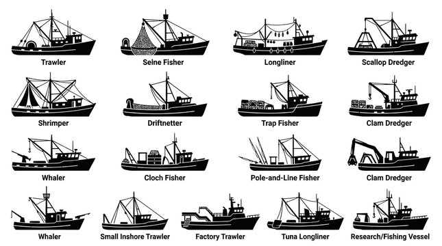 Black and White Vector Illustrations of Various Fishing Boats and Vessels