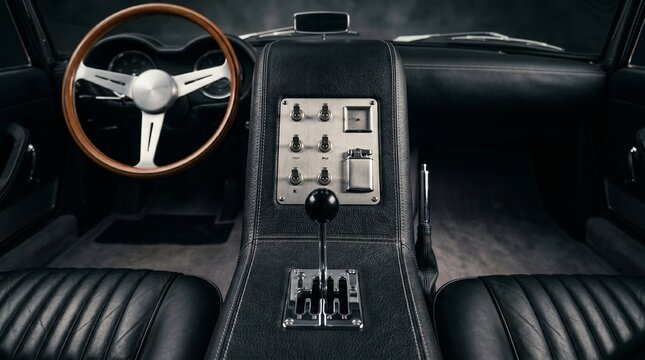 Luxurious Vintage Sports Car Interior Featuring Classic Wooden Steering Wheel, Gated Manual Gear Shifter, Chrome Toggle Switches, and Premium Black Leather Seats in Dramatic Lighting