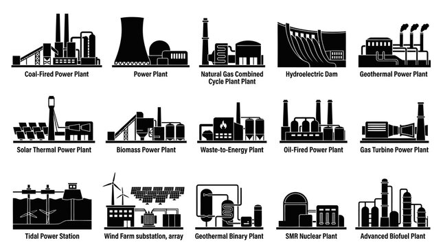 Energy Power Plants and Electricity Generation Facilities Glyph Icons Set. Industrial Production Silhouettes.
