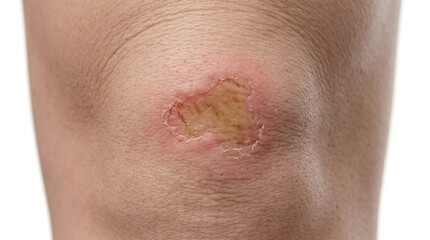 Naklejka premium Close up view of a scraped knee showing an open wound with red inflamed skin and healing tissue isolated on white background