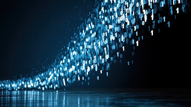 Digital stream of glowing blue ones and zeros against a dark background