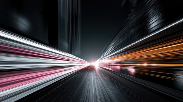 Streaks of light zoom through a futuristic city at night, conveying speed