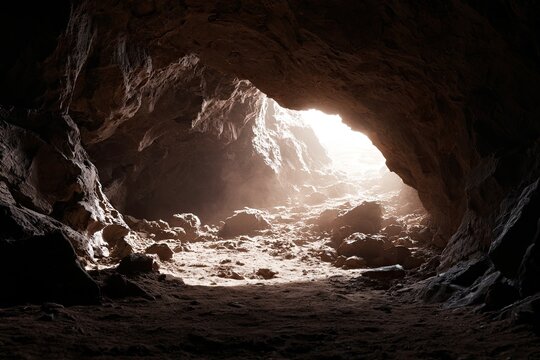Natural cave opening illuminated by sunlight, revealing rough, rocky interior