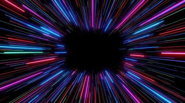 Vibrant neon light streaks bursting outwards from a central void on black