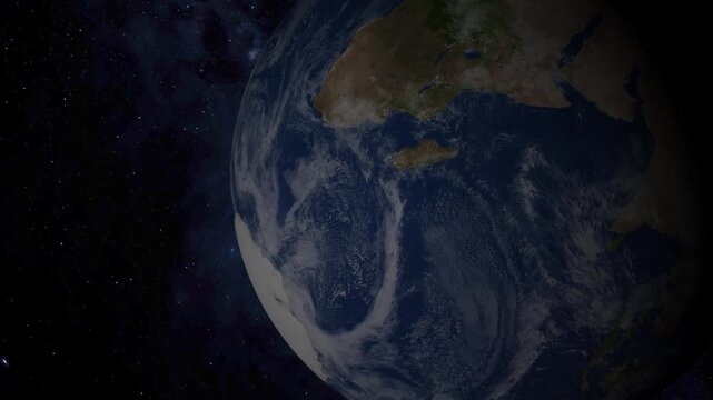 Earth glows softly from space. Deep blue oceans meet white polar ice. Star-filled void surrounds the planet. Darkness contrasts vibrant planetary hues. Perfect for cosmic, environmental