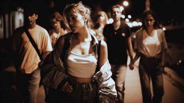 A gritty 90s style street photo of a young woman walking at night with a group, vintage flash photography look, the girl in front is crying subtly but trying to hold it together, raw and emotional atm