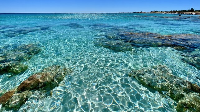 Crystal-clear turquoise water reveals rocky ocean floor under a bright blue sky