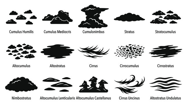 Black and White Icons of Cloud Types and Weather Phenomena
