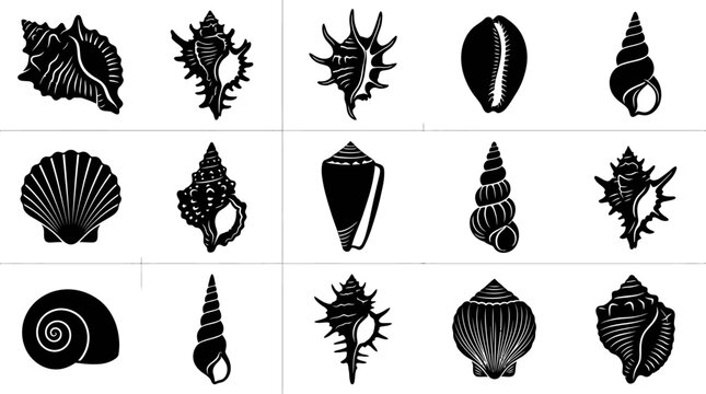 Black and White Vector Icons of Various Seashells