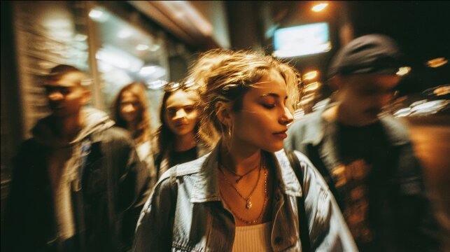 A gritty 90s style street photo of a young woman walking at night with a group, vintage flash photography look, the girl in front is crying subtly but trying to hold it together, raw and emotional atm