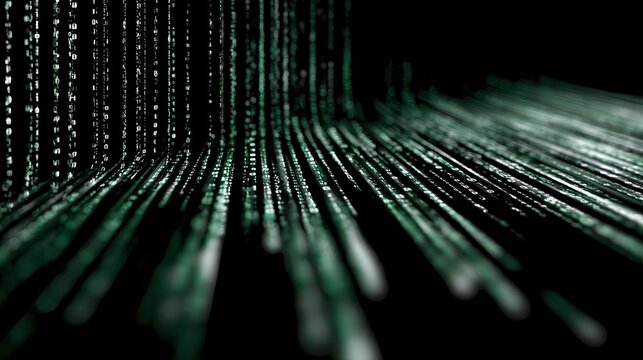 Falling green digital code streams ascend from a black void, creating a futuristic cyberspace