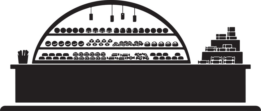 Black silhouette of a bakery display case with pastries cakes