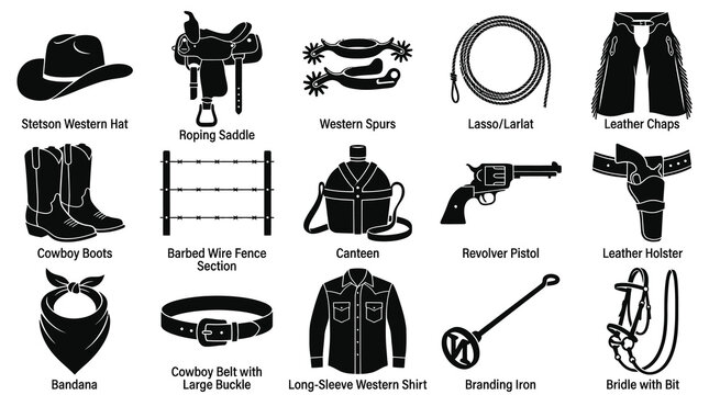 Western Cowboy Ranching Gear and Equipment Icons Set. Black Silhouette Glyph Vector Collection of American West Items.