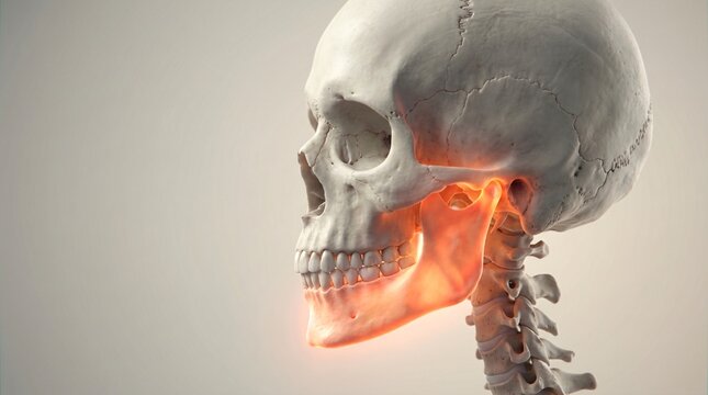 Side profile view of a human skull illustrating the temporomandibular joint and jawbone anatomy with inflammation effect.