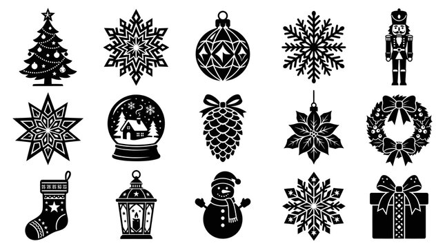 Black and White Christmas Icons Set: Tree, Snowflakes, Ornaments, Snowman, Gift