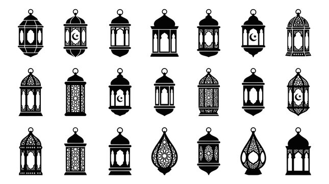 Ramadan Lanterns Glyph Icon Set - Traditional Islamic Fanoos Silhouettes for Religious Celebration