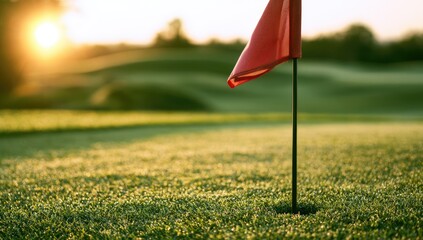 Obraz premium Morning sun casts golden light on a golf course, with a flag
