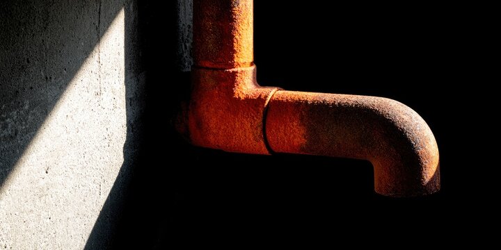 A rusty pipe extends horizontally from a concrete wall, with dramatic shadows cast by light