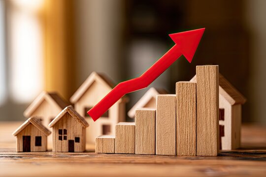 Wooden houses and a rising red arrow chart show real estate market growth