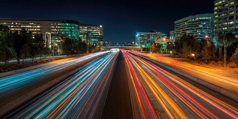 Obraz premium A nighttime highway with streaks of light from moving vehicles, framed by buildings