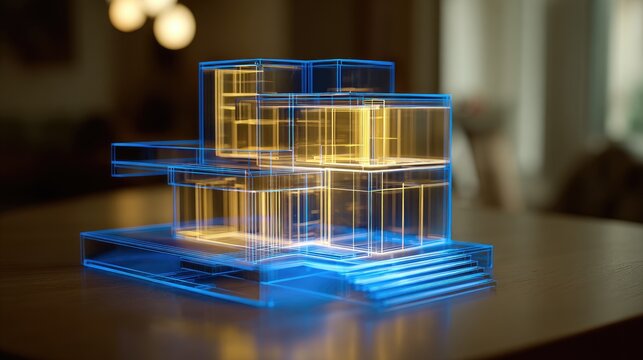 Futuristic architectural model with glowing blue and yellow outlines on a table