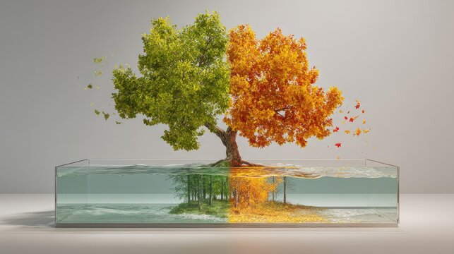 A split tree shows spring and autumn growth, reflected in water