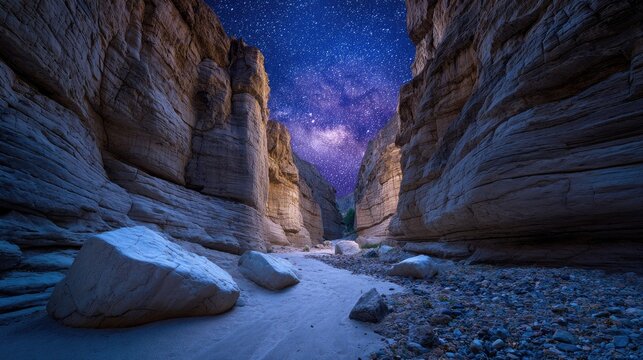 Towering rock walls frame a starlit sky and a sandy canyon floor