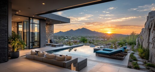 Fototapeta premium Modern luxury home with pool and lounge chairs overlooking desert sunset