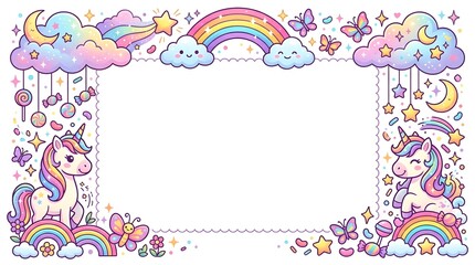 Naklejka premium Magical rainbow border frame with cute cartoon unicorns, happy clouds, crescent moon, butterflies, and candies for kids birthday party design.