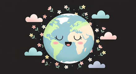 Naklejka premium Cartoon earth globe with a happy expression. Environmental awareness and global care. A smiling earth illustration surrounded by floating flowers and clouds