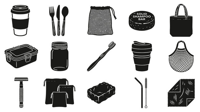 Eco-friendly Zero Waste Products Icons - Black and White Glyph Style