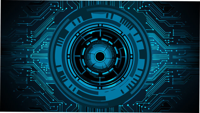 Central mechanical eye with concentric rings and circuit board background vector illustration
