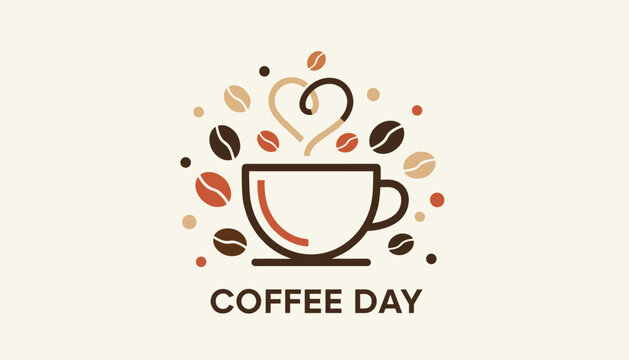 Artistic Coffee Day logo featuring a steaming white cup, heart-shaped steam, and many floating roasted coffee beans and dots.